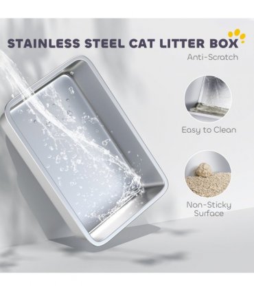 PawHut Extra Large Stainless Steel Cat Litter Tray with Scoop, Flip Top