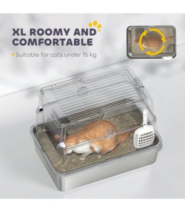 PawHut Extra Large Stainless Steel Cat Litter Tray with Scoop, Flip Top