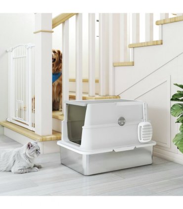 PawHut Extra Large Stainless Steel Cat Litter Tray with Scoop, Flip Top