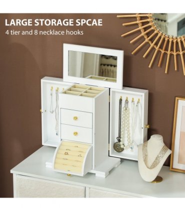 HOMCOM 4-Tier Large Jewellery Box with Mirror and 2 Drawers, White