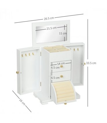 HOMCOM 4-Tier Large Jewellery Box with Mirror and 2 Drawers, White