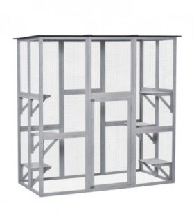 PawHut Wooden Cat House with Platforms, Cat Cage for Multiple Kittens