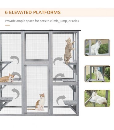 PawHut Wooden Cat House with Platforms, Cat Cage for Multiple Kittens