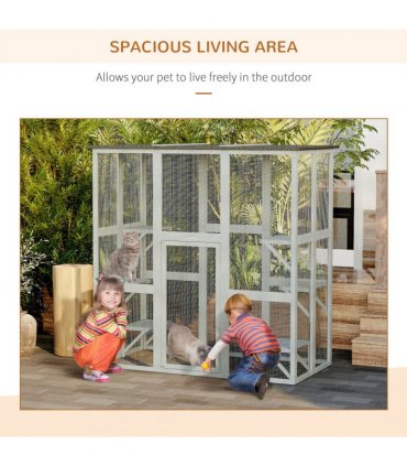 PawHut Wooden Cat House with Platforms, Cat Cage for Multiple Kittens