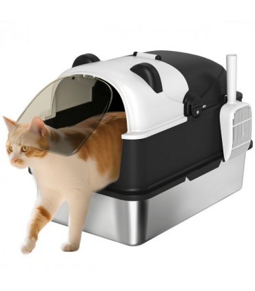 PawHut XL Stainless Steel Litter Box Tray with Lid, Panda Style
