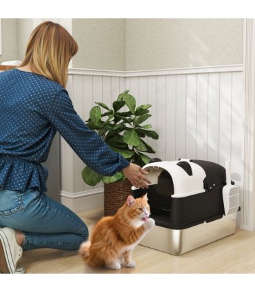 PawHut XL Stainless Steel Litter Box Tray with Lid, Panda Style