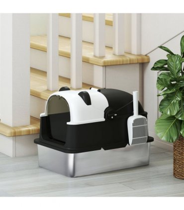 PawHut XL Stainless Steel Litter Box Tray with Lid, Panda Style