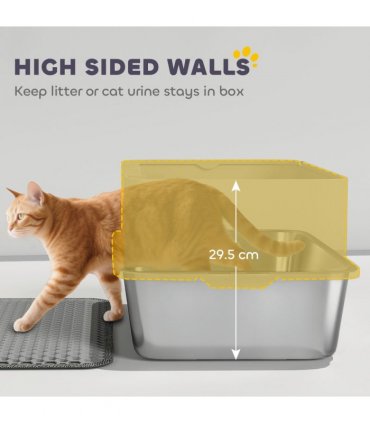 PawHut Stainless Steel Litter Box with Scoop, High Sided Cat Litter Tray
