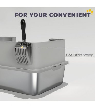 PawHut Stainless Steel Litter Box with Scoop, High Sided Cat Litter Tray