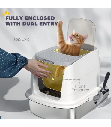 PawHut Stainless Steel Litter Box, Enclosed Metal Cat Litter Tray with Scoop