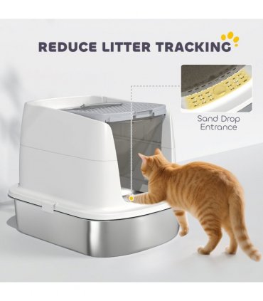 PawHut Stainless Steel Litter Box, Enclosed Metal Cat Litter Tray with Scoop