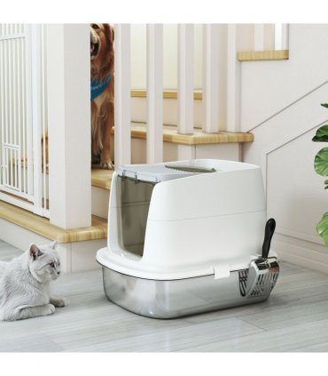 PawHut Stainless Steel Litter Box, Enclosed Metal Cat Litter Tray with Scoop