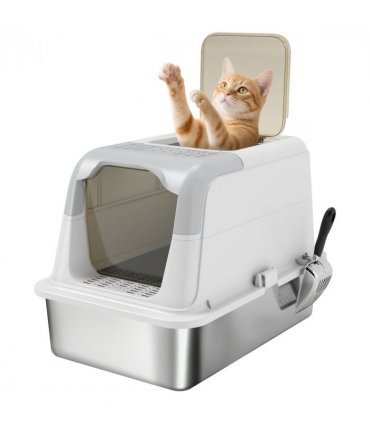 PawHut Stainless Steel Litter Box, Enclosed Metal Litter Tray with Scoop