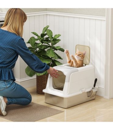 PawHut Stainless Steel Litter Box, Enclosed Metal Litter Tray with Scoop