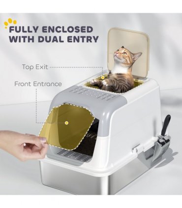 PawHut Stainless Steel Litter Box, Enclosed Metal Litter Tray with Scoop