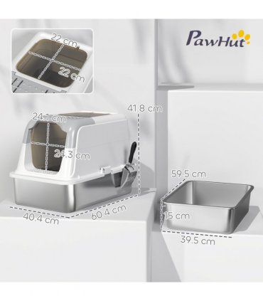 PawHut Stainless Steel Litter Box, Enclosed Metal Litter Tray with Scoop