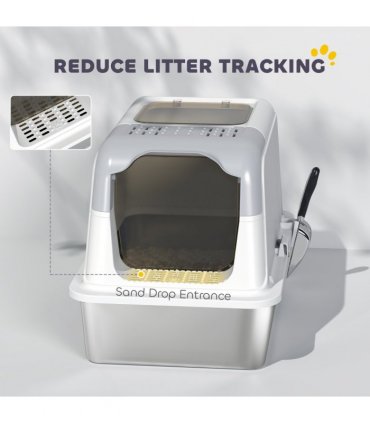 PawHut Stainless Steel Litter Box, Enclosed Metal Litter Tray with Scoop
