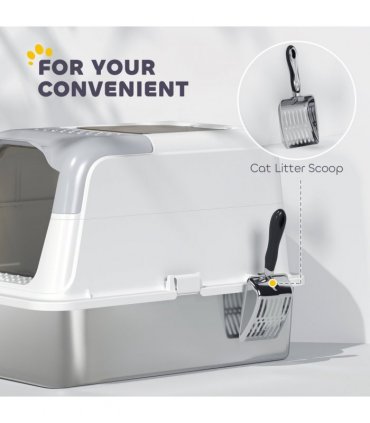 PawHut Stainless Steel Litter Box, Enclosed Metal Litter Tray with Scoop