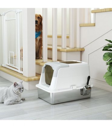 PawHut Stainless Steel Litter Box, Enclosed Metal Litter Tray with Scoop