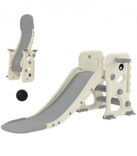 AIYAPLAY Foldable Kids Slide with Climber, Basketball Hoop, Cream White