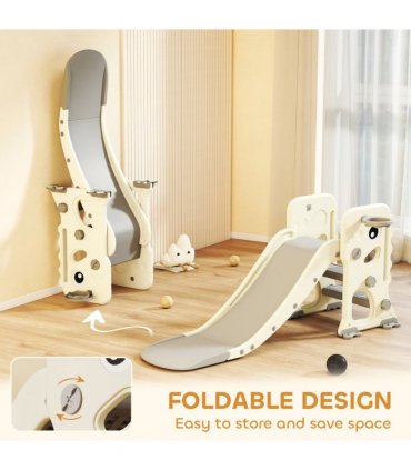 AIYAPLAY Foldable Kids Slide with Climber, Basketball Hoop, Cream White