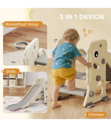 AIYAPLAY Foldable Kids Slide with Climber, Basketball Hoop, Cream White