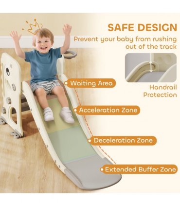 AIYAPLAY Foldable Kids Slide with Climber, Basketball Hoop, Cream White