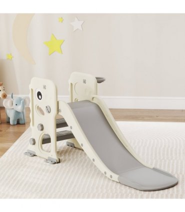 AIYAPLAY Foldable Kids Slide with Climber, Basketball Hoop, Cream White