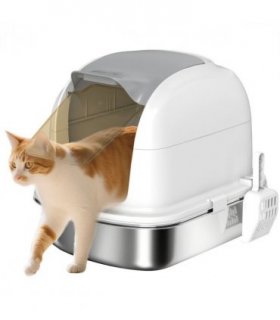 PawHut Stainless Steel Cat Litter Tray with Lid