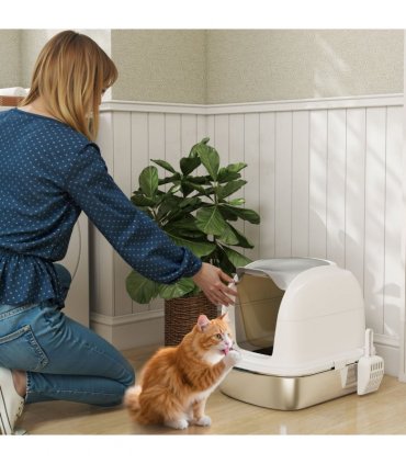 PawHut Stainless Steel Cat Litter Tray with Lid