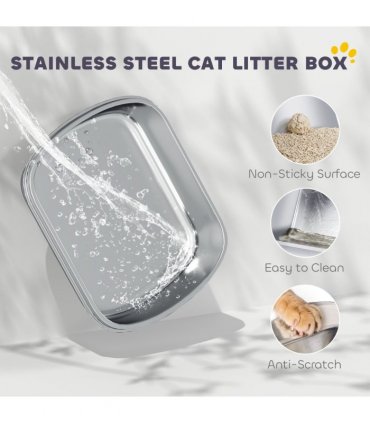PawHut Stainless Steel Cat Litter Tray with Lid