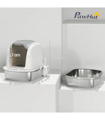 PawHut Stainless Steel Cat Litter Tray with Lid