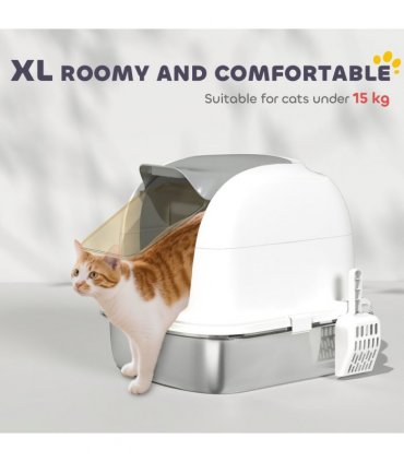 PawHut Stainless Steel Cat Litter Tray with Lid
