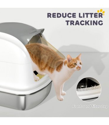 PawHut Stainless Steel Cat Litter Tray with Lid