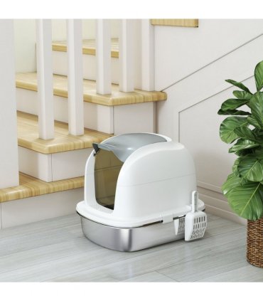 PawHut Stainless Steel Cat Litter Tray with Lid