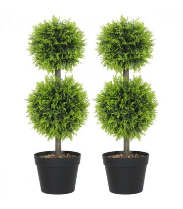 HOMCOM Set of 2 Artificial Topiary Cypress Ball Trees with Pot and Pebbles