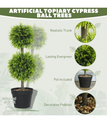 HOMCOM Set of 2 Artificial Topiary Cypress Ball Trees with Pot and Pebbles
