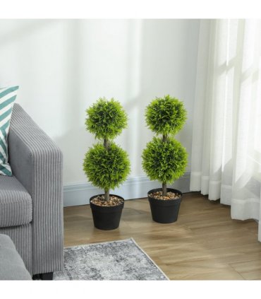 HOMCOM Set of 2 Artificial Topiary Cypress Ball Trees with Pot and Pebbles