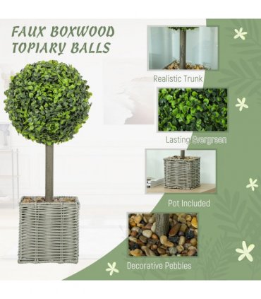 HOMCOM Set of 2 Artificial Plants, 50cm Faux Boxwood Topiary Balls, Green