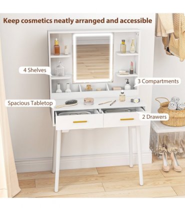 HOMCOM Dressing Table with LED Lighted Mirror and Cushioned Stool White