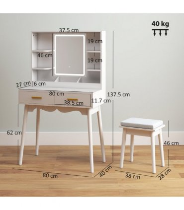 HOMCOM Dressing Table with LED Lighted Mirror and Cushioned Stool White