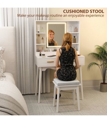 HOMCOM Dressing Table with LED Lighted Mirror and Cushioned Stool White