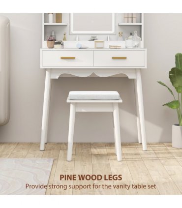 HOMCOM Dressing Table with LED Lighted Mirror and Cushioned Stool White