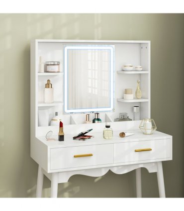 HOMCOM Dressing Table with LED Lighted Mirror and Cushioned Stool White