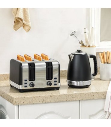 HOMCOM 1.7L 3000W Quick Boil Kettle and 4 Slice Toaster Set Crumb Tray Black