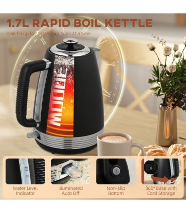 HOMCOM 1.7L 3000W Quick Boil Kettle and 4 Slice Toaster Set Crumb Tray Black