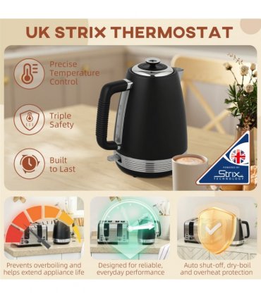 HOMCOM 1.7L 3000W Quick Boil Kettle and 4 Slice Toaster Set Crumb Tray Black