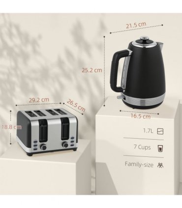 HOMCOM 1.7L 3000W Quick Boil Kettle and 4 Slice Toaster Set Crumb Tray Black