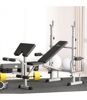 HOMCOM Adjustable Weight Bench with Squat Rack, Leg Developer, Grey