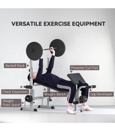 HOMCOM Adjustable Weight Bench with Squat Rack, Leg Developer, Grey